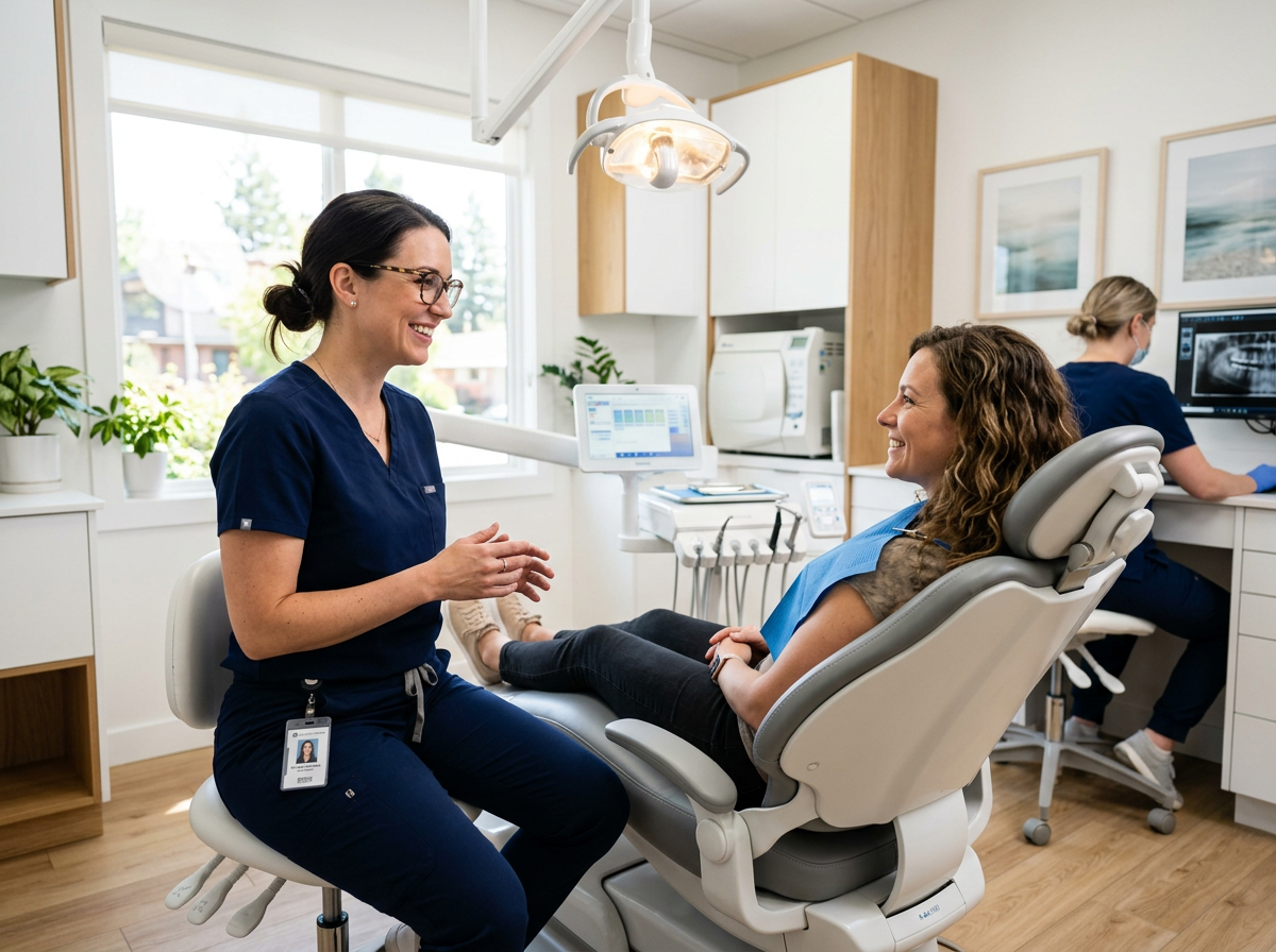Friendly dentist with patient